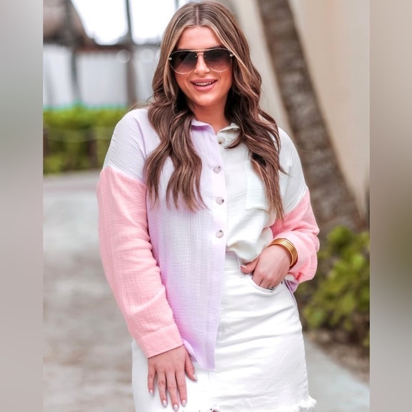 Jess Lea pink purple cream color block gauze button down shirt XL - Picture 1 of 3